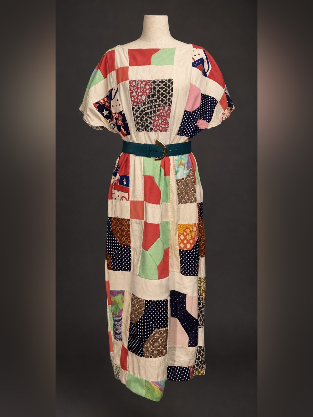 Vintage Patchwork handmade Cotton Maxi Dress made w 70s quilt topper w belt- 8
